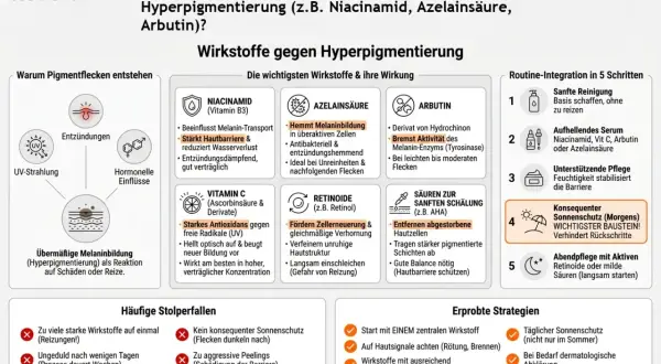 Arbutin hemmt die Melaninbildung und ist ein Derivat von Hydrochinon. Es bremst die Aktivität von Melanin-Enzymen und hilft bei leichten bis moderaten Flecken.
