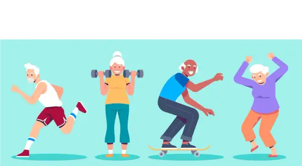 Quatre seniors actifs : un joggeur, une femme soulevant des haltères, un homme en skateboard et une femme dansant. L'exercice stimule la mémoire cognitive.