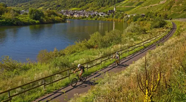 Zwei Radfahrer genießen die idyllischen radwanderwege deutschland entlang eines Flusses mit Weinbergen und einem Dorf im Hintergrund.