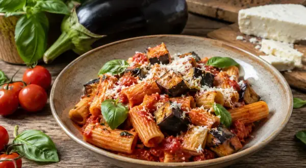 Un plat de pâtes aux aubergines à la sicilienne, garni de basilic frais et de parmesan râpé, avec des tomates et une aubergine entière en arrière-plan.
