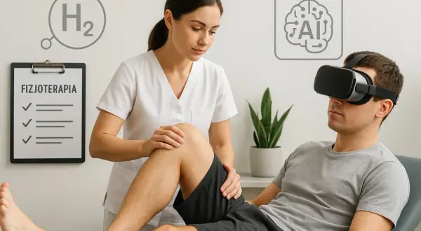 Fizjoterapeuta ocenia kolano pacjenta, który nosi gogle VR. Obok tablica z napisem "FIZJOTERAPIA" i symbole H2, AI.