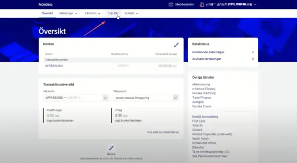 Nordea-översikt med konton, betalstatus och tjänster. Här kan du söka PlusGirokontonummer, som är en del av nordeas clearingnummer.