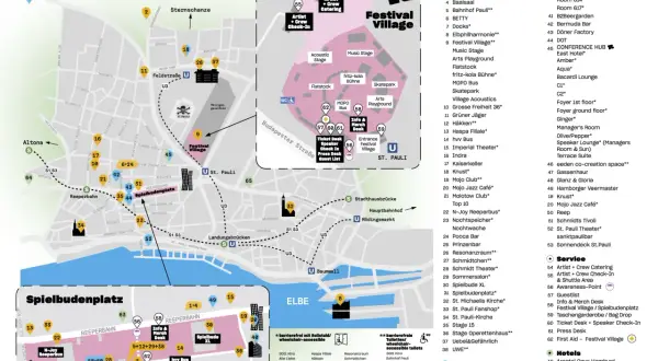 Karte des Reeperbahn Festivals mit Spielbudenplatz, Festival Village und vielen Locations.
