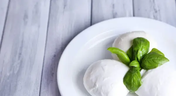 Trzy kulki mozzarelli z listkami bazylii na białym talerzu. Idealne do sałatki, a ich mozzarella kcal są niskie.