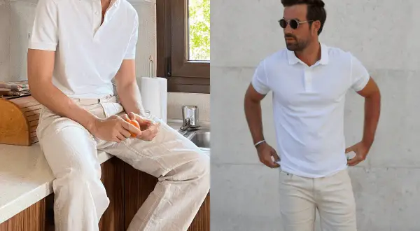 Zwei Männer tragen ein weißes Poloshirt Herren. Einer sitzt in einer Küche, der andere steht vor einer Wand.
