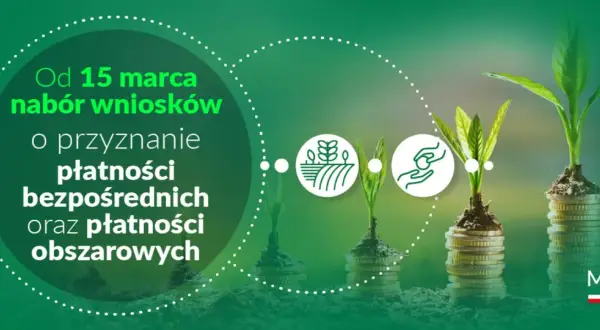 Od 15 marca nabór wniosków o przyznanie płatności bezpośrednich i obszarowych. Rośliny rosnące na stosach monet symbolizują wsparcie dla rolnictwa.