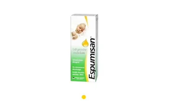 Opakowanie leku Espumisan dla niemowląt, łagodzącego wzdęcia. Krople doustne w emulsji 30ml.