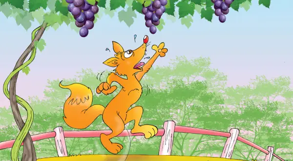 La zorra intenta alcanzar las uvas, pero están demasiado altas.