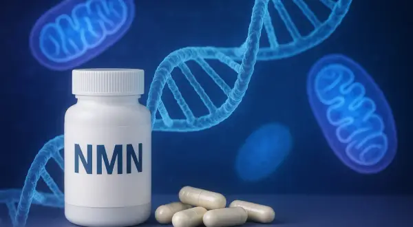 Biała butelka z napisem NMN, kapsułki, DNA i mitochondria. NMN co to? Suplement wspierający komórki.