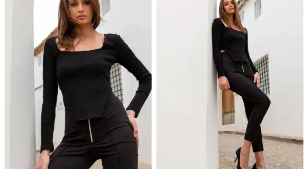 Eleganckie tureckie ubrania damskie: czarny prążkowany top z kwadratowym dekoltem i dopasowane spodnie z zamkiem.