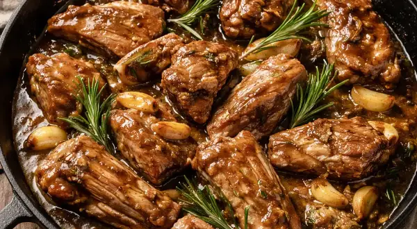 Succulento abbacchio alla romana in padella, con aglio e rosmarino, pronto per essere gustato.