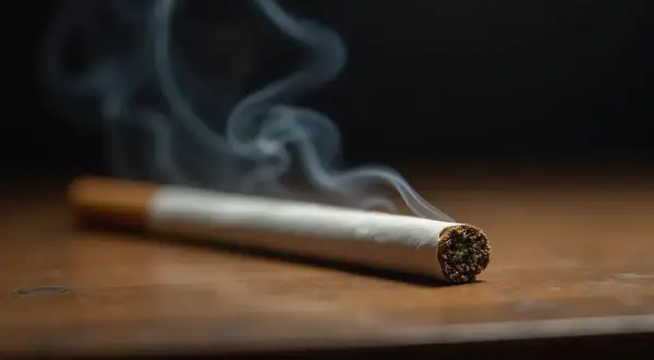 Dymiący papieros na drewnianym blacie. Zastanawiasz się, ile nikotyny ma papieros?