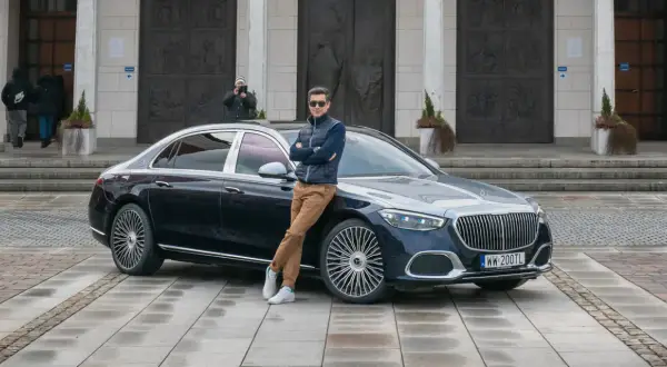 Elegancki mężczyzna opiera się o lśniącego Maybacha S580 przed monumentalnym budynkiem.