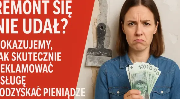Zmartwiona kobieta trzyma pieniądze po nieudanym remoncie. Dowiedz się, jak skutecznie reklamować usługę i odzyskać pieniądze, dbając o prawa konsumenta.
