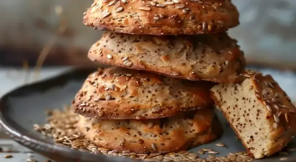 En stapel hembakade scones med russin, toppade med solrosfrön och linfrön. En bit är avskuren för att visa det saftiga inkråmet.