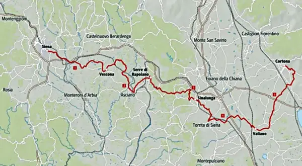 Mappa del percorso cicloturistico via Lauretana Toscana, da Siena a Cortona, con tappe segnate.