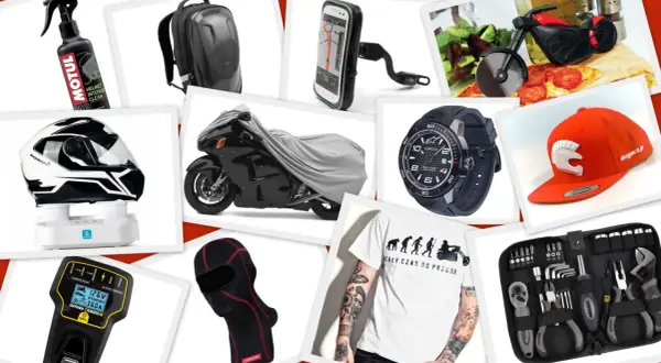 Kask, plecak, pokrowiec na motocykl, ładowarka, rękawica, zegarek, czapka i zestaw narzędzi – to wszystko akcesoria dla motocyklisty.