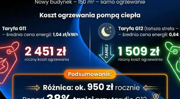 Porównanie kosztów ogrzewania pompą ciepła: taryfa G11 (2451 zł) vs taryfa G12 (1509 zł). Taryfa G12 jest o 38% tańsza.