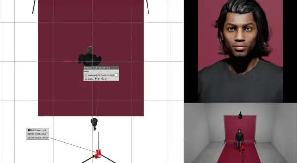 A 3D render shows a studio setup with a person walking towards a red backdrop. Broad lighting illuminates the scene, with camera settings displayed.