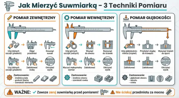 Ilustracja pokazuje, jak mierzyć suwmiarką: pomiar zewnętrzny, wewnętrzny i głębokości. Pokazuje kroki i zastosowania.