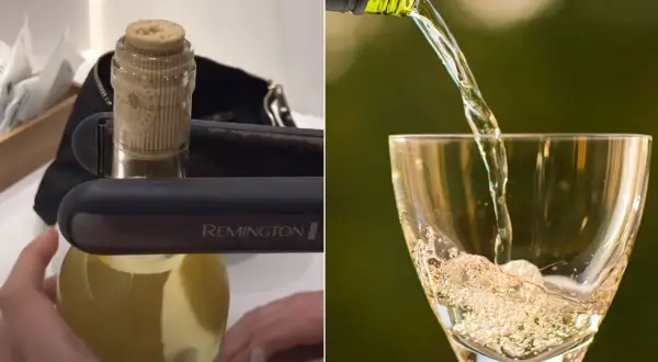 Otwieranie wina prostownicą Remington, a potem nalewanie go do kieliszka.