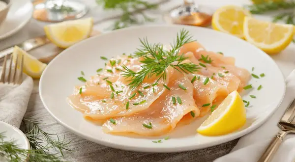 Délicieuse entrée avec truite fumée, garnie d'aneth frais et de fines herbes, accompagnée de quartiers de citron.