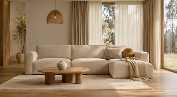 Przytulny salon beige z wygodną sofą, drewnianym stolikiem i plecioną lampą. Idealne miejsce na relaks.