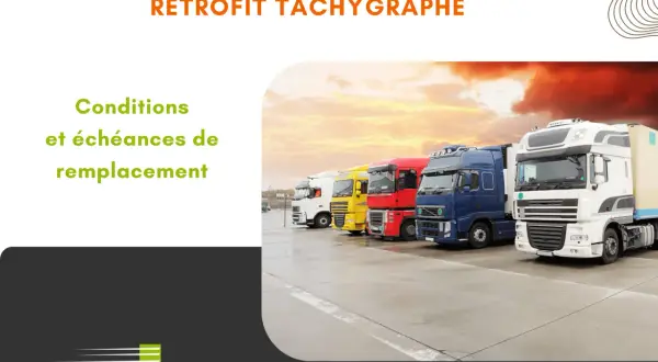 Rétrofit tachygraphe camion : conditions et échéances de remplacement. Flotte de camions colorés garés sur un parking.