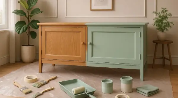 Buffet en bois, moitié peint en vert pastel, entouré d'outils de peinture. Une touche de deco avec bois.