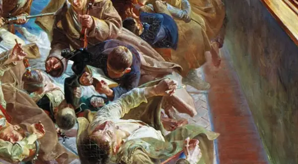 Obraz Jacka Malczewskiego. Grupa ludzi w brązowych płaszczach, jeden gra na skrzypcach, inny czyta. Melancholia i zaduma.