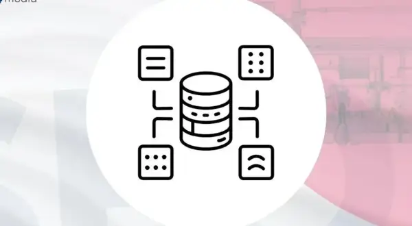 Ikona przedstawia bazę danych połączoną z ikonami symbolizującymi dane, np. w kontekście przetwarzania danych w języku JavaScript.