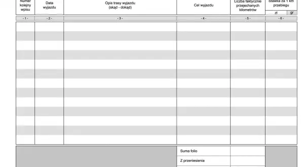 Formularz ewidencja przebiegu pojazdu dla celów vat. Zawiera kolumny: numer wpisu, data, opis trasy, cel, kilometry, stawka.