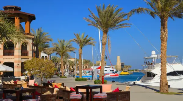 Relaks przy kawie w Port Ghalib, z palmami i jachtami w tle.