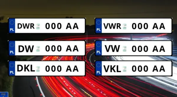 Przykładowe tablice rejestracyjne z literami DW, DWR, DKL, VW, VWR, VKL.