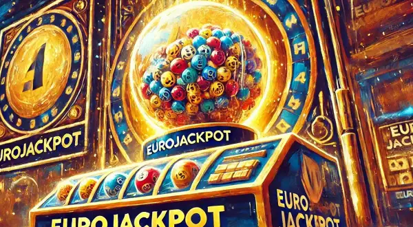 Złota maszyna losująca Eurojackpot z kulkami i cyframi.