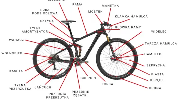 Schemat budowy roweru górskiego z oznaczeniami: rama, widelec, amortyzator, hamulce, przerzutki, koła i inne części.