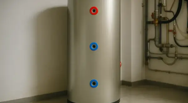 Duży zasobnik wody, idealny jako bufor do domu 150m2. Widoczne przyłącza i instalacja grzewcza.