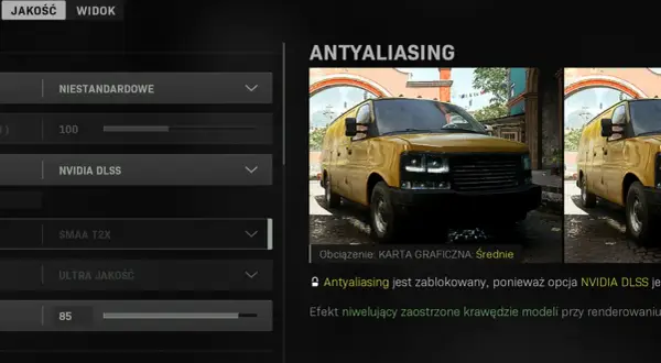 Ustawienia grafiki w Call of Duty: Warzone. Antyaliasing zablokowany z powodu NVIDIA DLSS. Sprawdź wymagania gry.