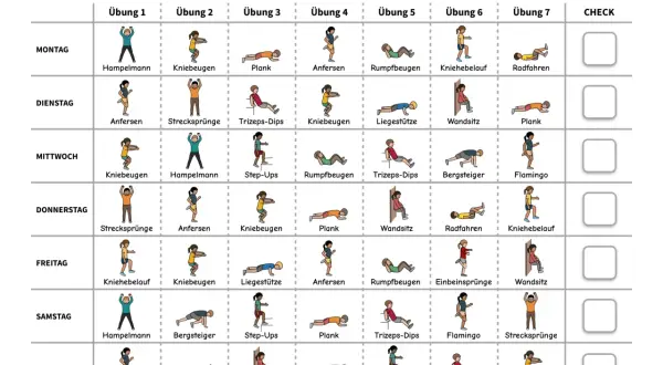 Wochenplan für Krafttraining zu Hause mit verschiedenen Übungen wie Hampelmann, Kniebeugen und Plank.