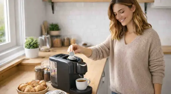 Donna prepara un caffè americano con la macchina a capsule, un'ottima idea per iniziare la giornata.