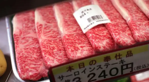 Fein marmoriertes Kobe Rindfleisch, verpackt und mit Preisschild.