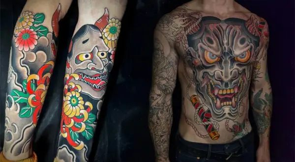 Tatuaże z Hannya, demoniczne maski o groźnym wyrazie, symbolizujące zazdrość i gniew, ozdabiają ciało mężczyzny. Ich znaczenie jest głębokie.