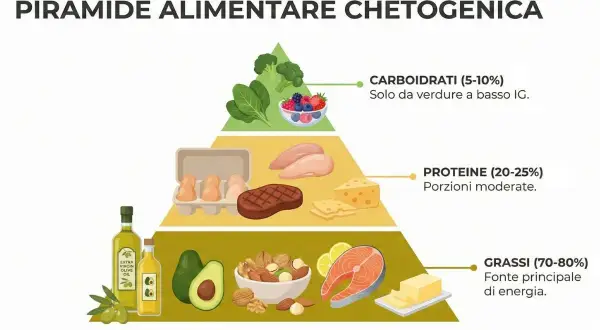 Piramide alimentare chetogenica: grassi (70-80%), proteine (20-25%), carboidrati (5-10%). Valuta i pro e contro di questa dieta.
