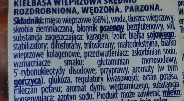 Fragment etykiety kiełbasy wieprzowej z widocznym składem i informacjami o produkcie.