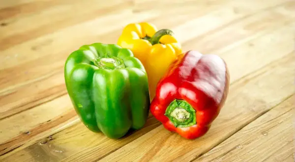 Tres pimientos de colores (rojo, verde y amarillo) sobre una mesa de madera. Los perros pueden comer pimiento, ¡una opción saludable!