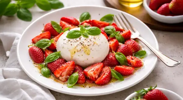 Cremige Burrata mit frischen Erdbeeren und Basilikum, beträufelt mit Olivenöl. Ein leichter Genuss!