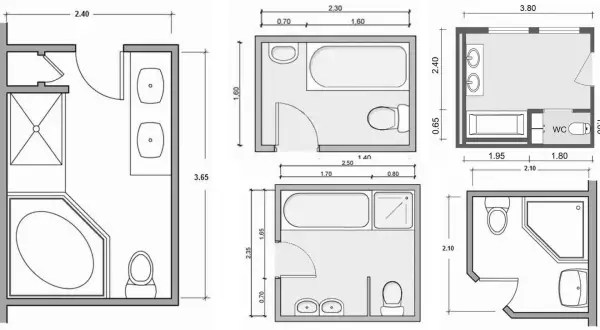 Plans d'aménagement salle de bain : douches, baignoires, lavabos et WC représentés avec leurs dimensions pour optimiser l'espace.