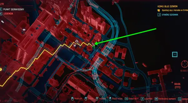 Mapa w grze cyberpunk, gdzie jest Johnny? Zielona strzałka wskazuje drogę do celu misji "Komu bije dzwon".