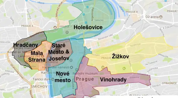 Carte des quartiers de Prague : Hradčany, Malá Strana, Staré Město, Josefov, Nové Město, Vinohrady, Žižkov, Holešovice.