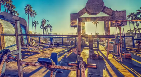 Słoneczny poranek na Venice Beach. Siłownia pod gołym niebem z palmami w tle. Długie cienie sprzętu do ćwiczeń na betonie.